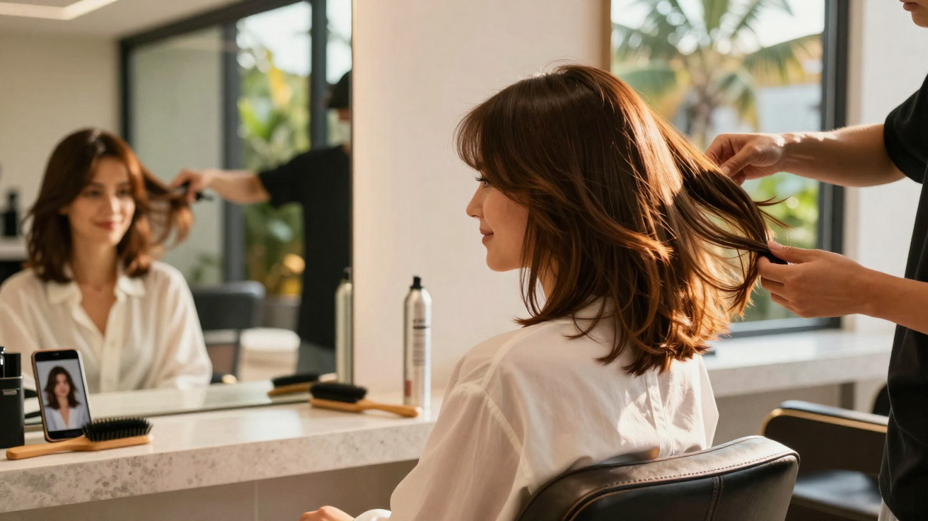 Mulher sentada num cabeleireiro a ter o cabelo arranjado por um profissional, com espelho à frente.