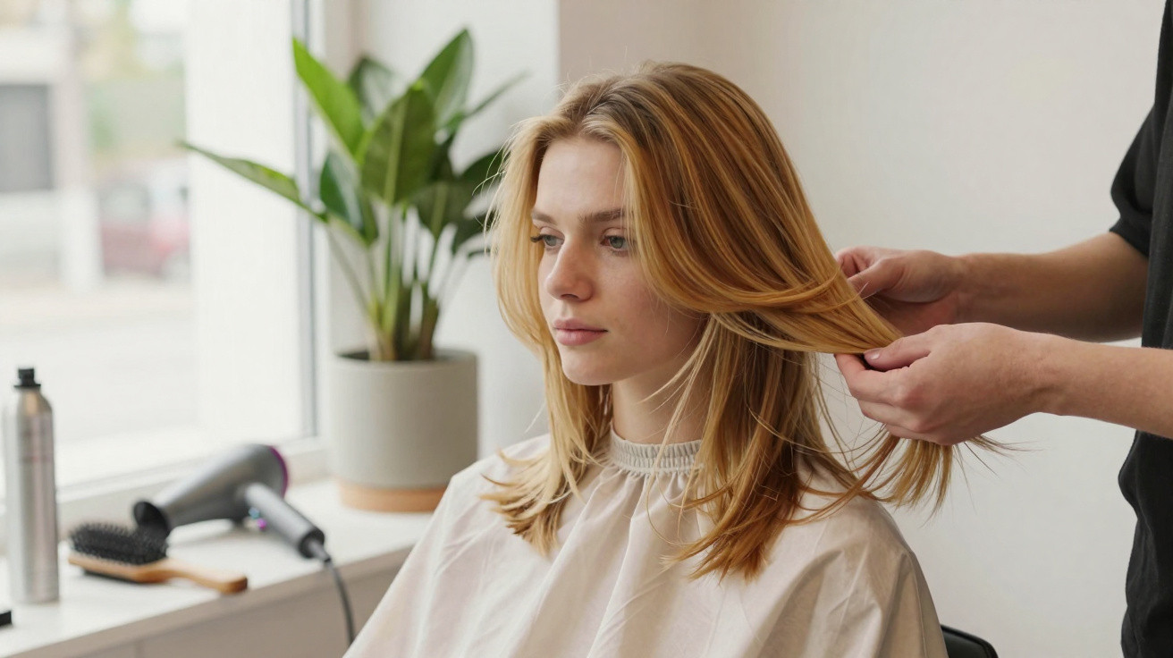 Mulher com cabelo loiro médio a ser penteada por cabeleireiro num salão iluminado.