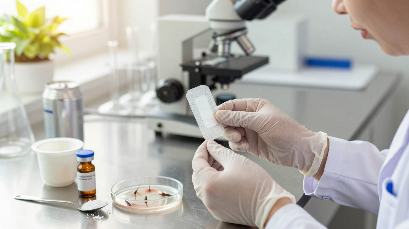 Pessoa com luvas a segurar um curativo em laboratório com equipamento científico e amostras ao fundo.