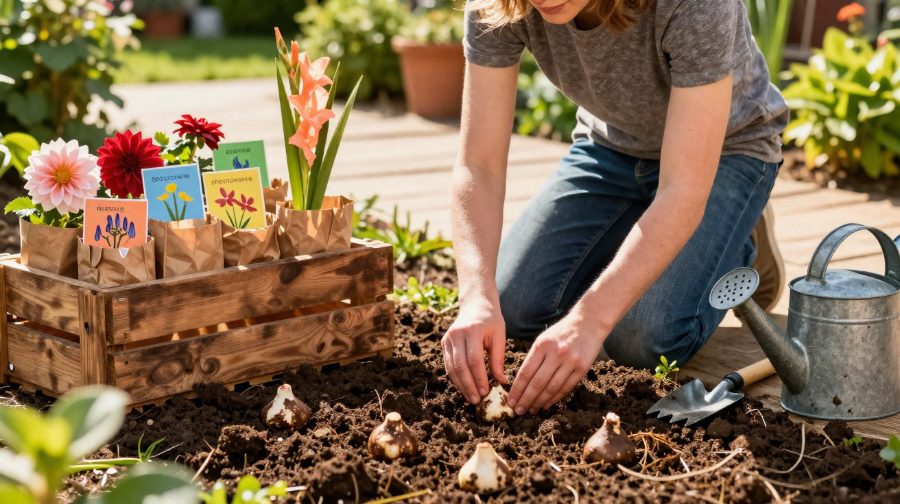 Pessoa a plantar bolbos de flores numa horta com regador e sementes etiquetadas numa caixa de madeira.