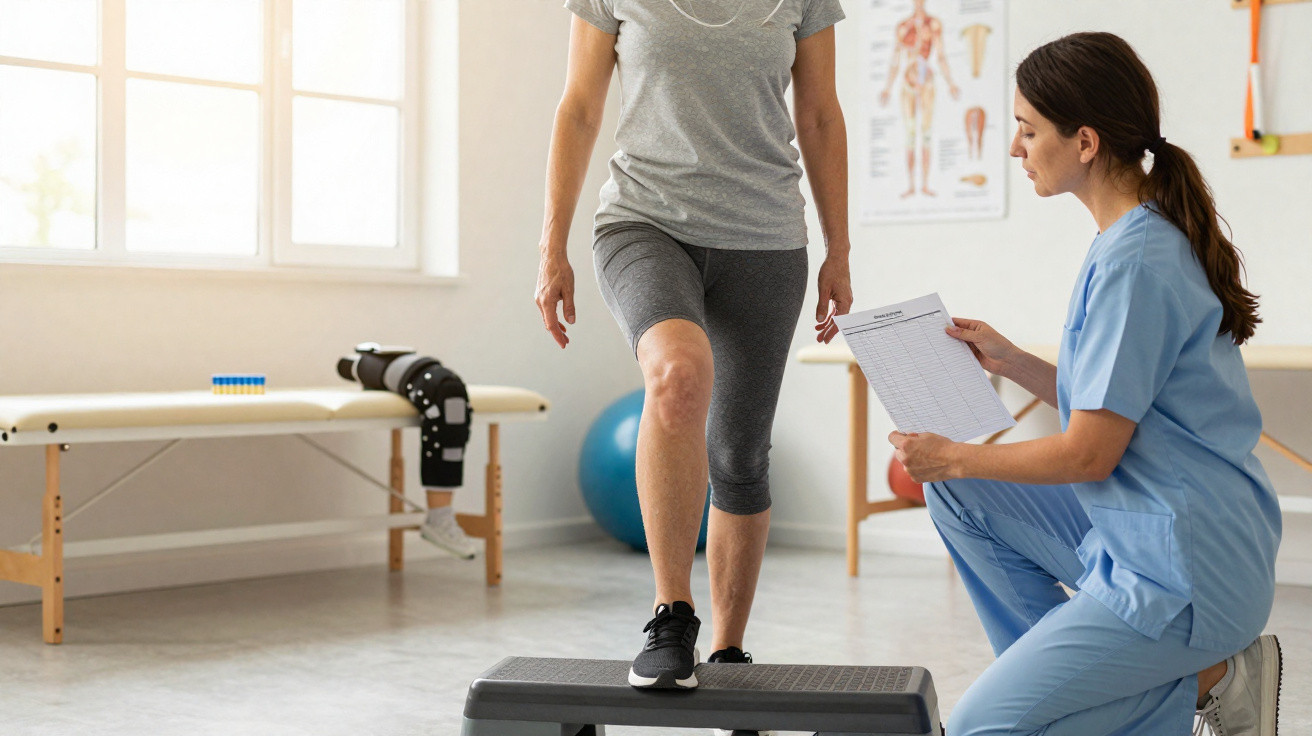 Paciente durante sessão de fisioterapia a realizar exercício de elevação na plataforma com fisioterapeuta a avaliar.