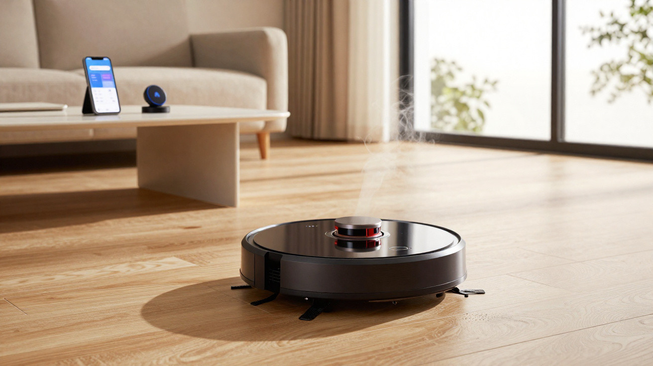 Robô aspirador preto a limpar chão de madeira numa sala com sofá e mesa baixa.