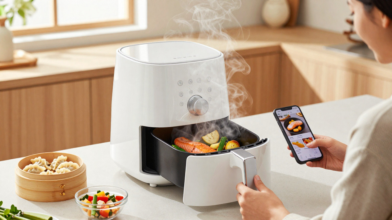 Pessoa a cozinhar peixe e legumes numa air fryer branca, segurando telemóvel com receita na cozinha moderna.
