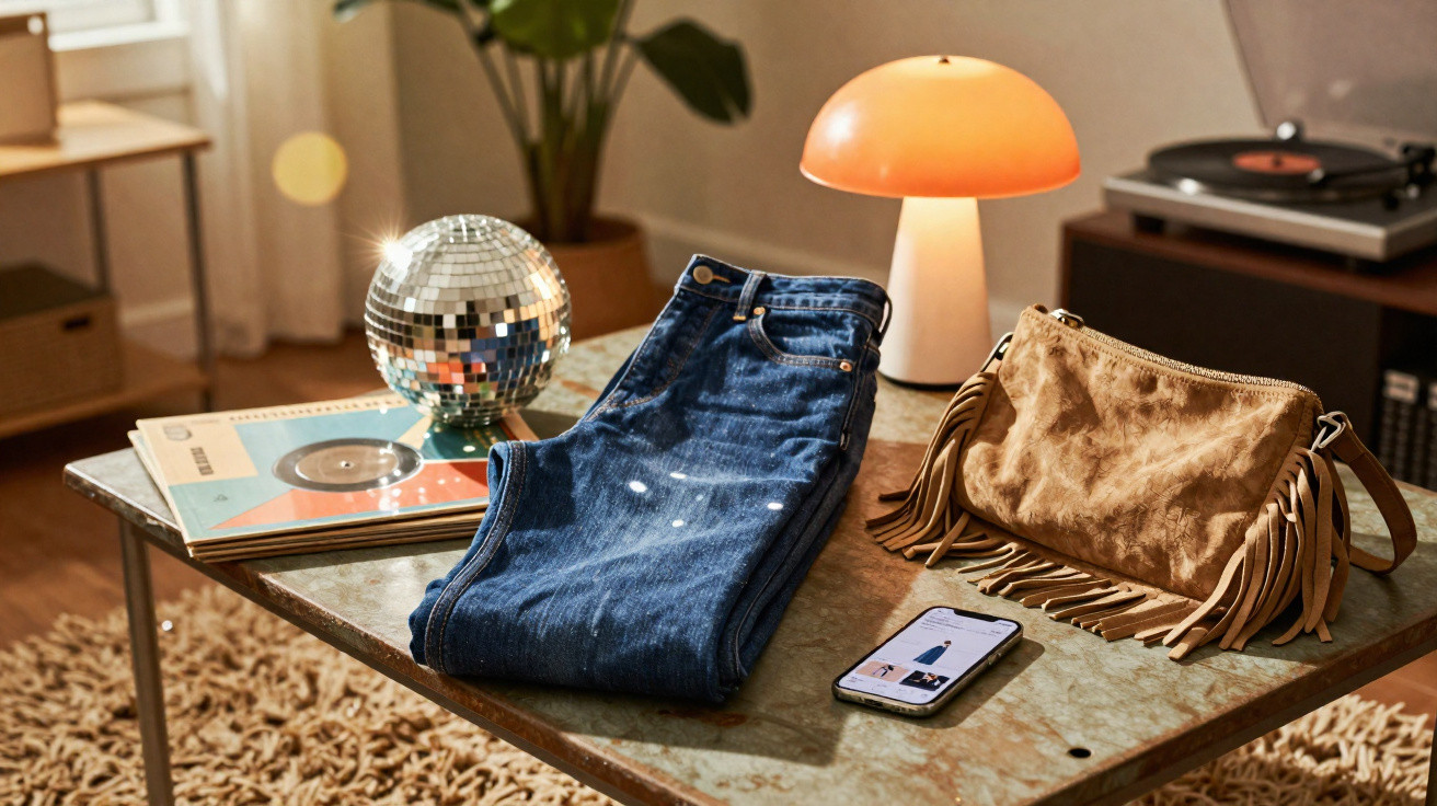 Mesa de madeira com jeans, disco de espelhos, bolsa castanha, smartphone e candeeiro ligado numa sala acolhedora.