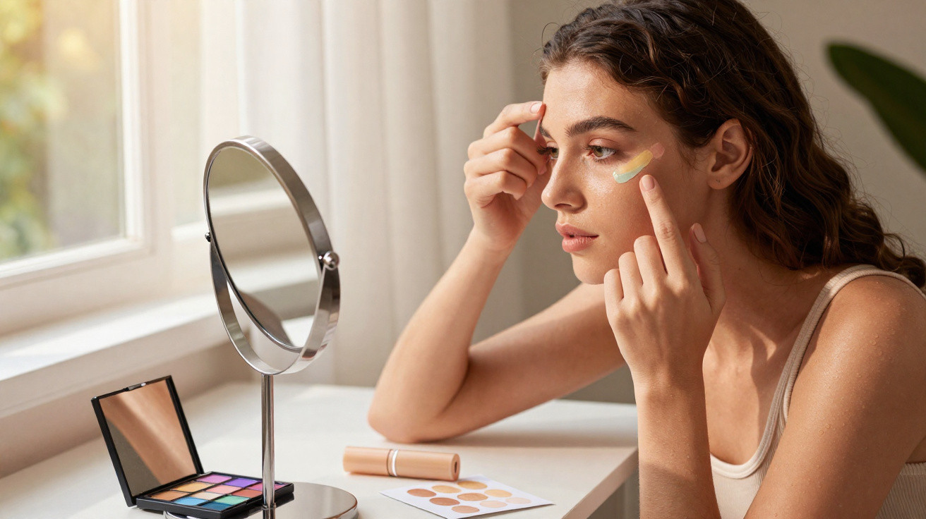 Mulher a aplicar creme facial abaixo dos olhos sentada numa secretária com espelho e maquilhagem.