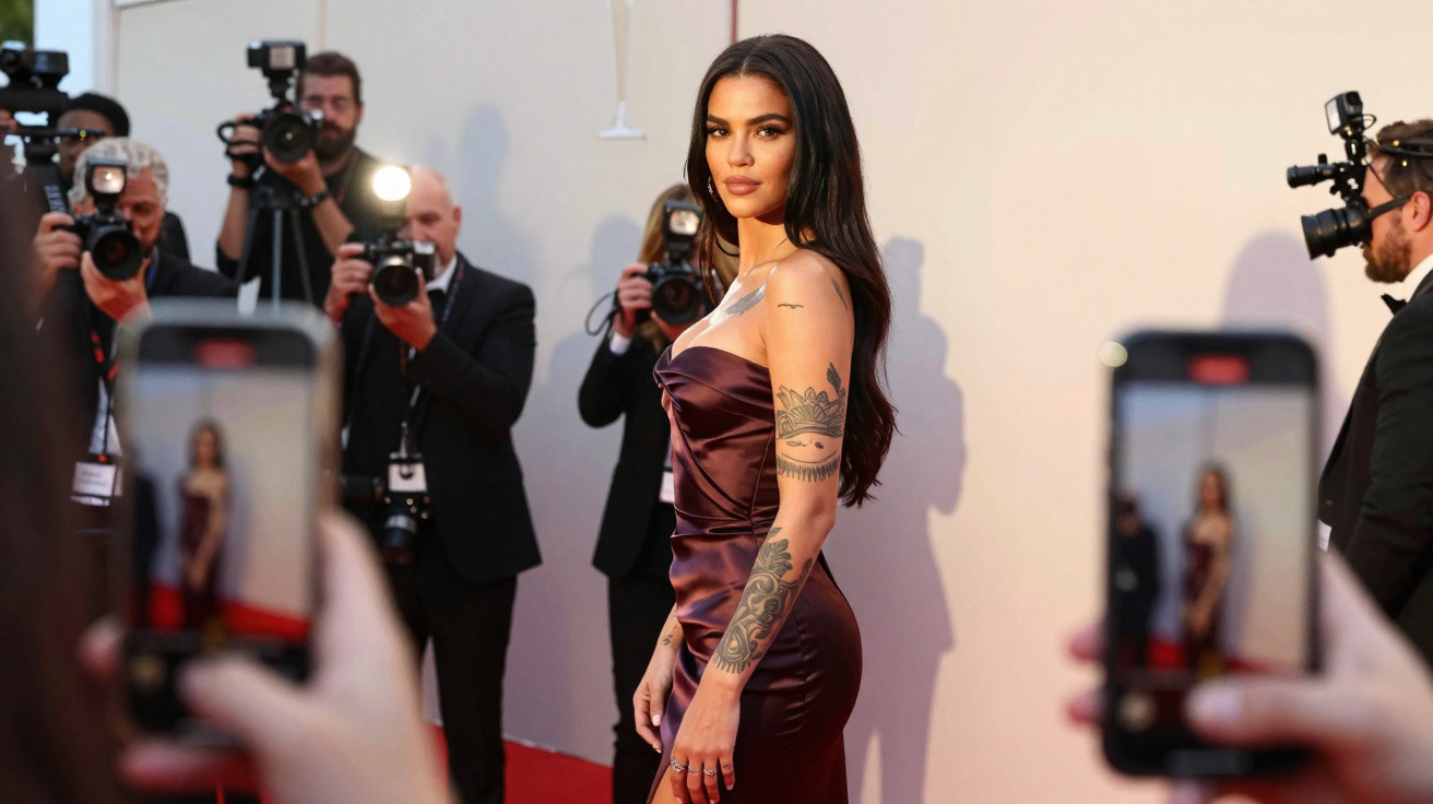 Mulher de vestido elegante posando na passadeira vermelha com fotógrafos e telemóveis a tirar fotos.