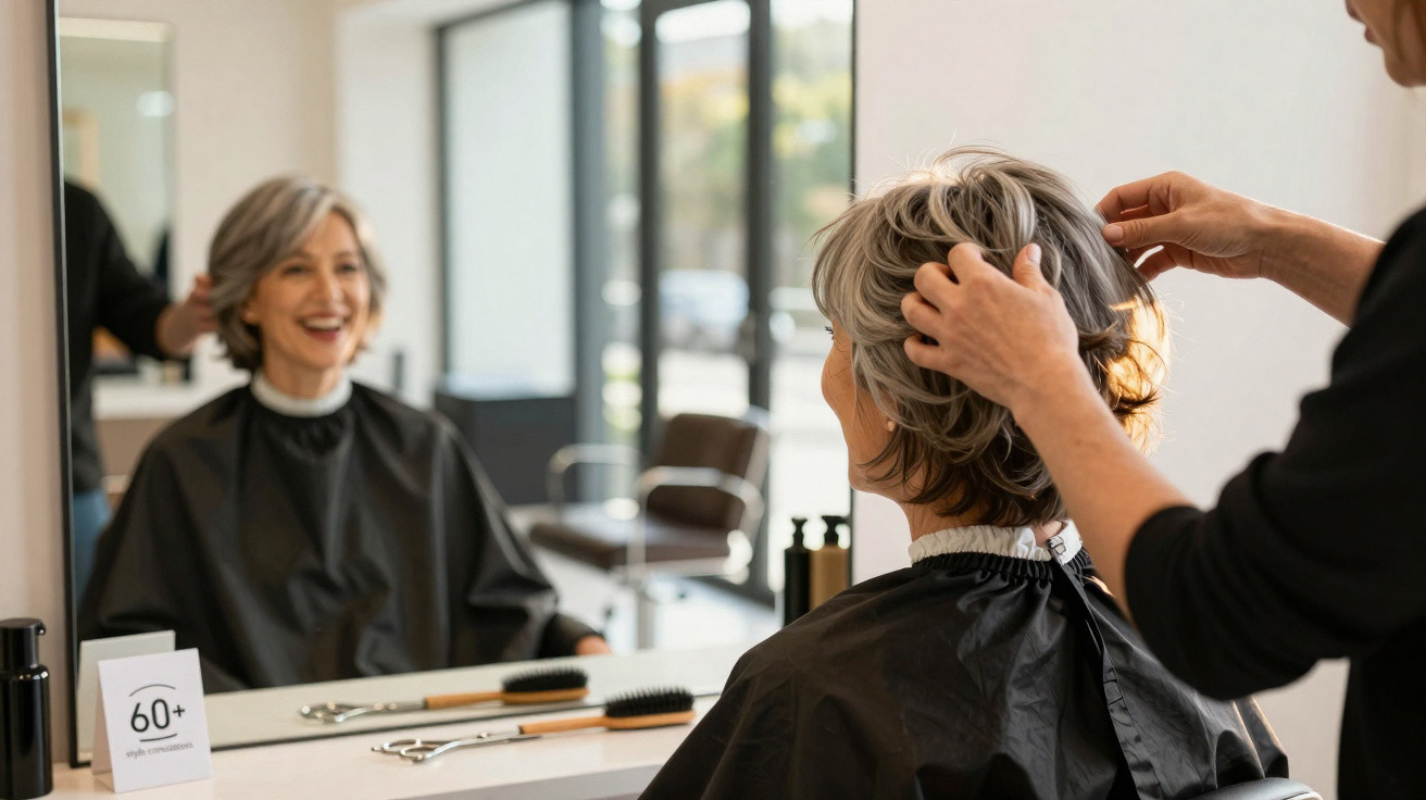 Mulher sénior sorridente a receber corte de cabelo num salão moderno e iluminado.