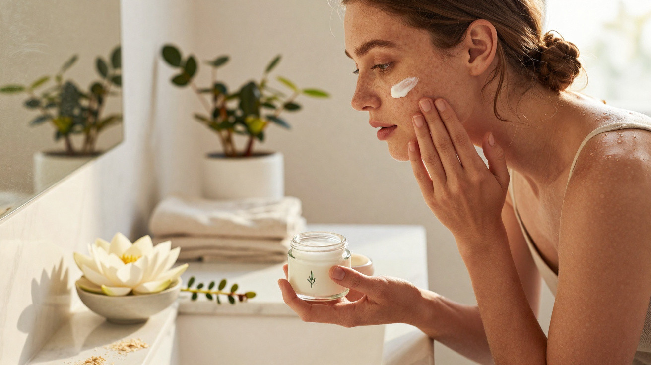 Mulher aplica creme hidratante no rosto ao lado de pia e plantas decorativas num ambiente iluminado.
