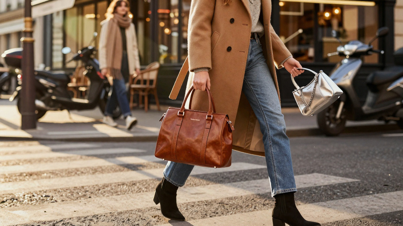Mulher a atravessar passadeira com casaco camel, jeans, botas pretas e duas malas, numa rua urbana.