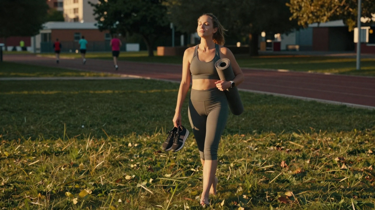 Mulher com roupa de desporto caminha descalça na relva a segurar tapete de yoga e ténis ao pôr do sol.