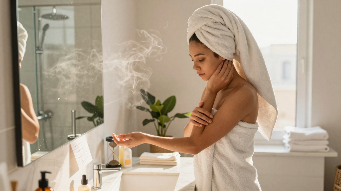Mulher com toalha na cabeça aplica creme nos braços numa casa de banho luminosa e relaxante.