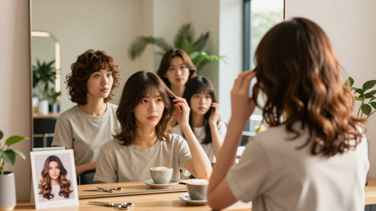Quatro mulheres sentadas à mesa com chávenas de café, olhando para um espelho num ambiente acolhedor.