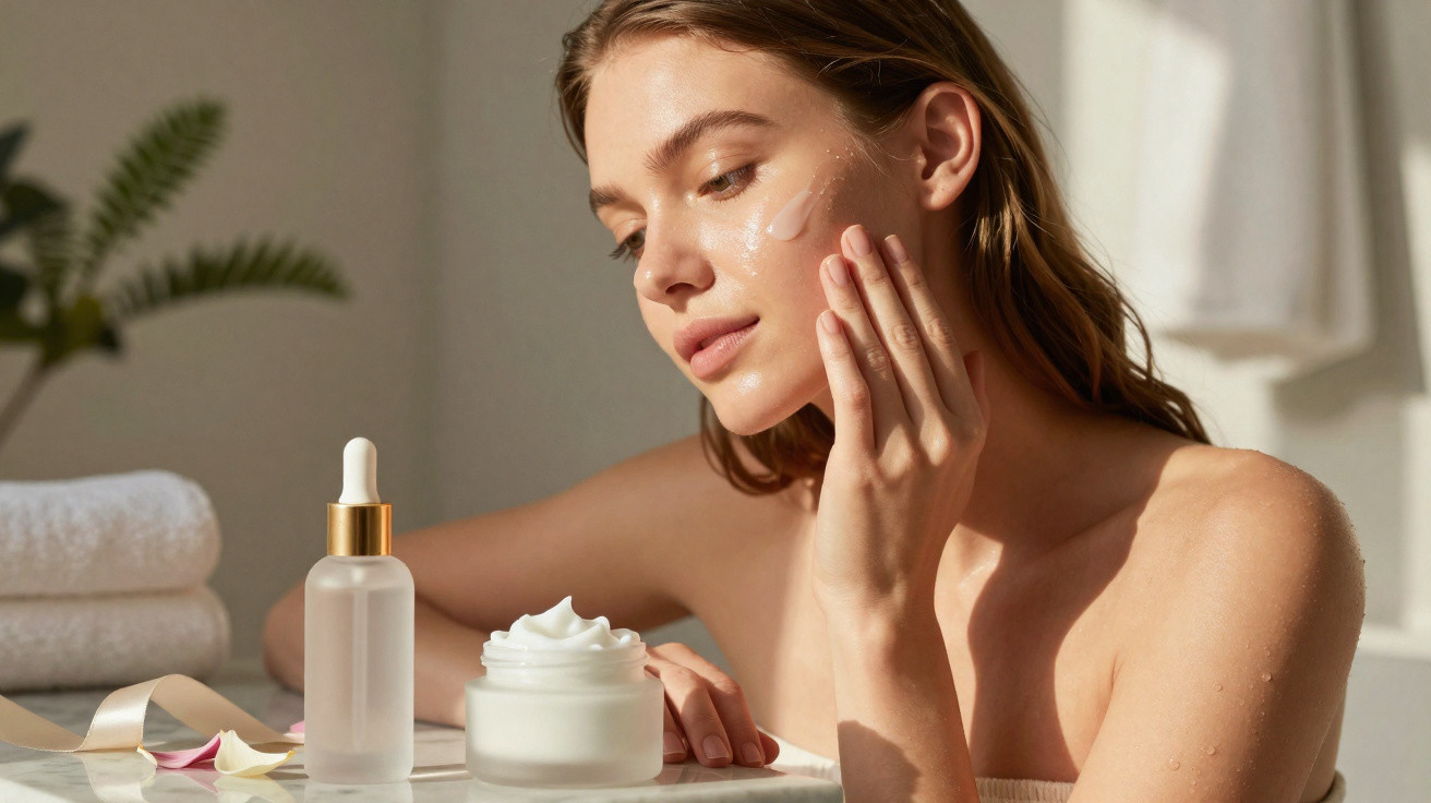 Mulher a aplicar creme hidratante no rosto, com frascos de produtos de beleza numa mesa iluminada.