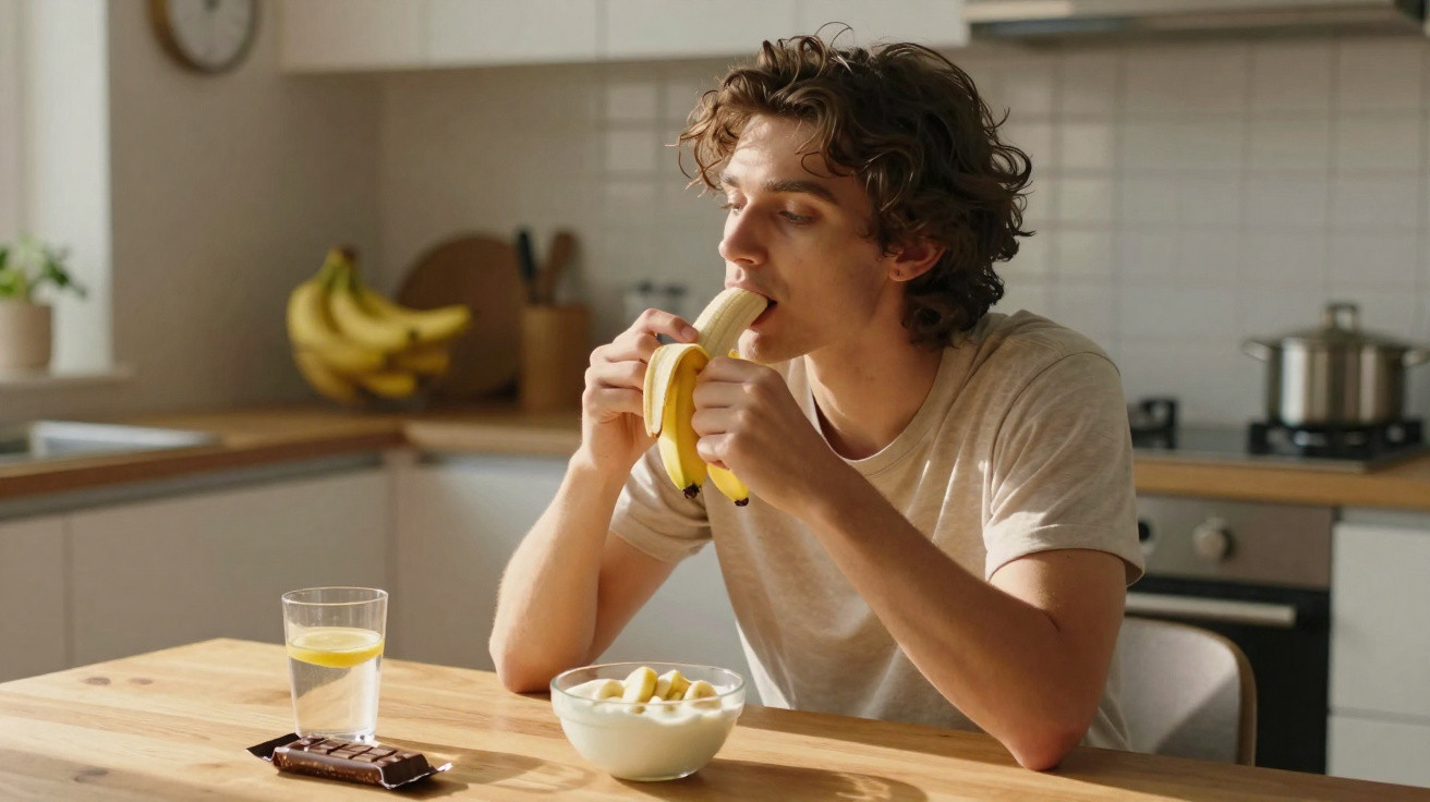 Homem sentado à mesa na cozinha a comer uma banana, com iogurte e chocolate à sua frente.