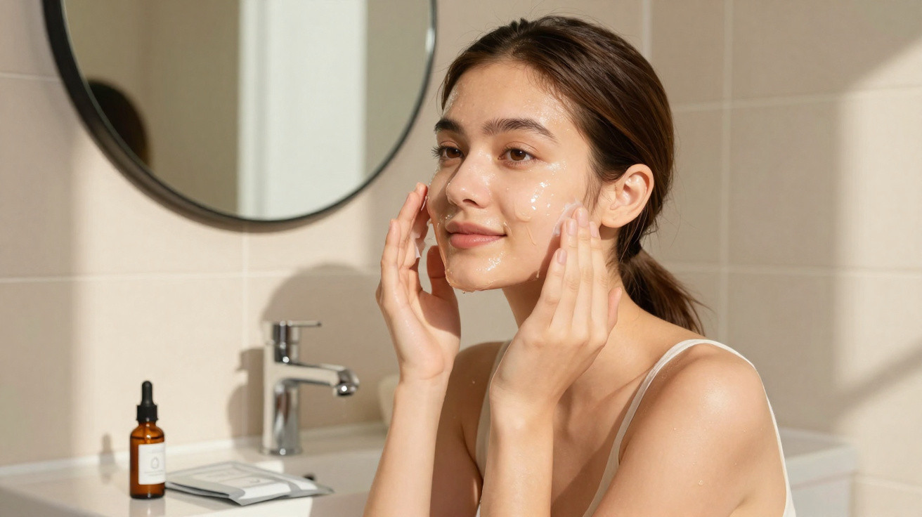 Mulher a aplicar creme facial numa casa de banho com espelho redondo ao fundo.
