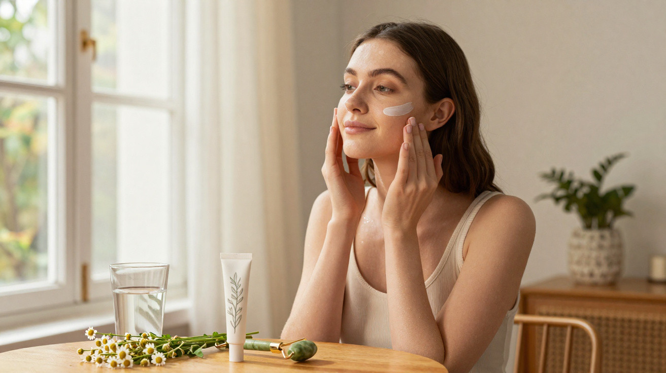 Mulher jovem aplica creme facial sentada junto a uma mesa com flores, água e utensílios de cuidado pessoal.