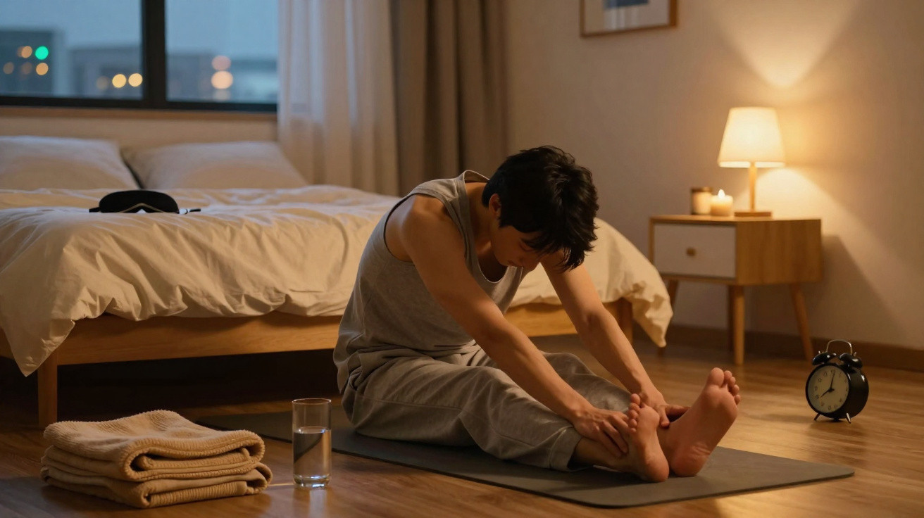 Pessoa a alongar-se sentada no chão do quarto perto da cama, com luz amarela suave.