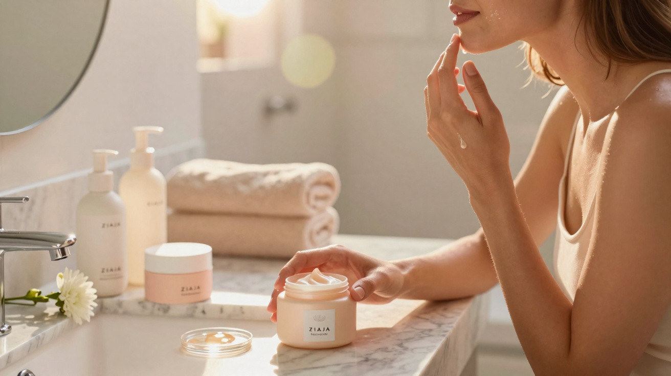Mulher a aplicar creme hidratante no rosto numa casa de banho com luz natural suave.