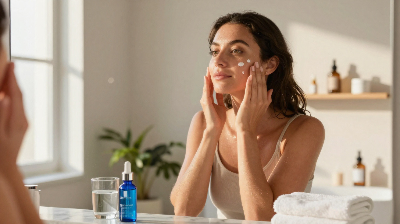 Mulher a aplicar creme facial com gotas no rosto, refletida no espelho numa casa iluminada pelo sol.