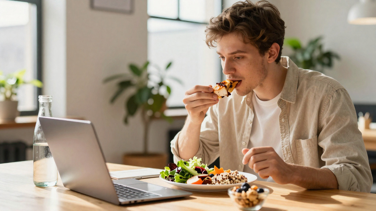 Homem a comer pizza enquanto trabalha num computador portátil numa mesa com um prato de salada e água.