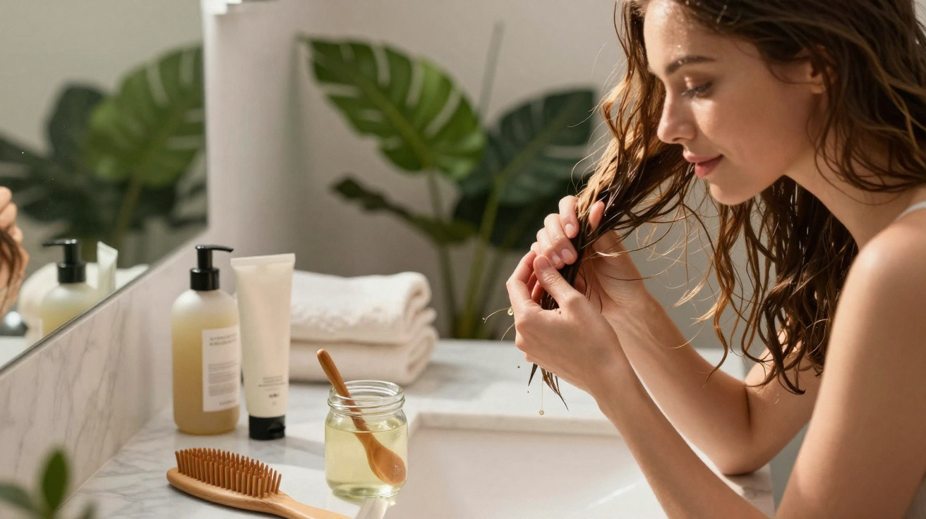 Mulher penteando cabelo molhado num lavatório com produtos de cuidado capilar e toalhas ao fundo.