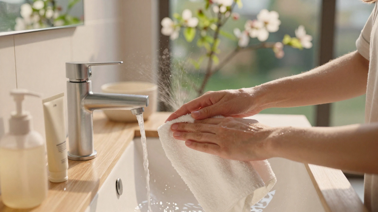 Pessoa a lavar as mãos com água na pia de casa, com toalha branca e luz natural ao fundo.
