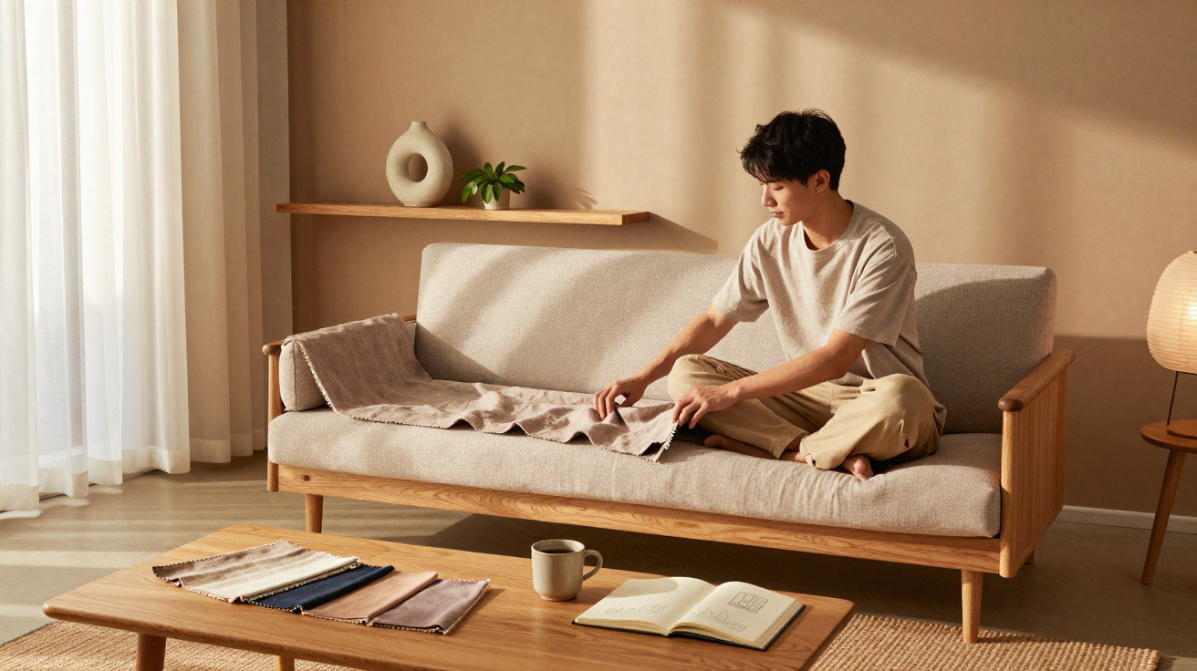 Jovem sentado num sofá a arrumar um tecido num quarto com decoração minimalista e tons neutros.