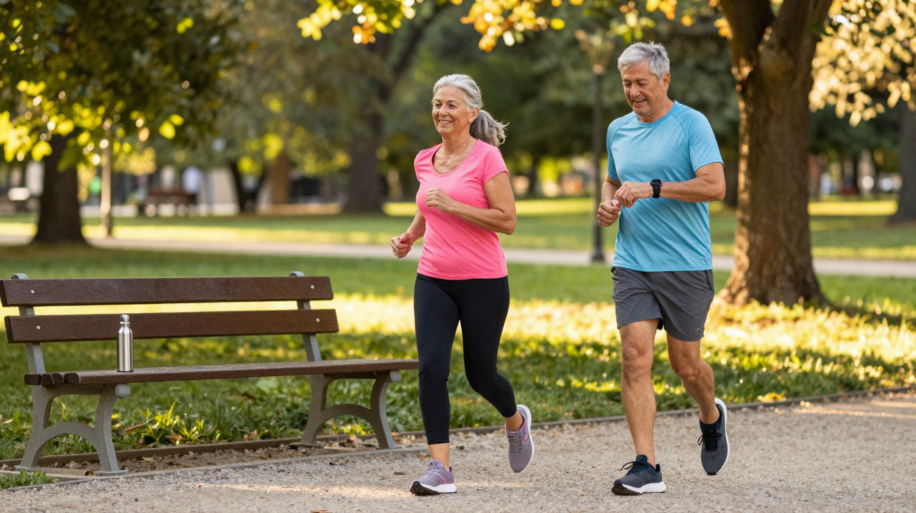 Casal sénior a correr no parque num dia de sol, junto a um banco de madeira com garrafa.