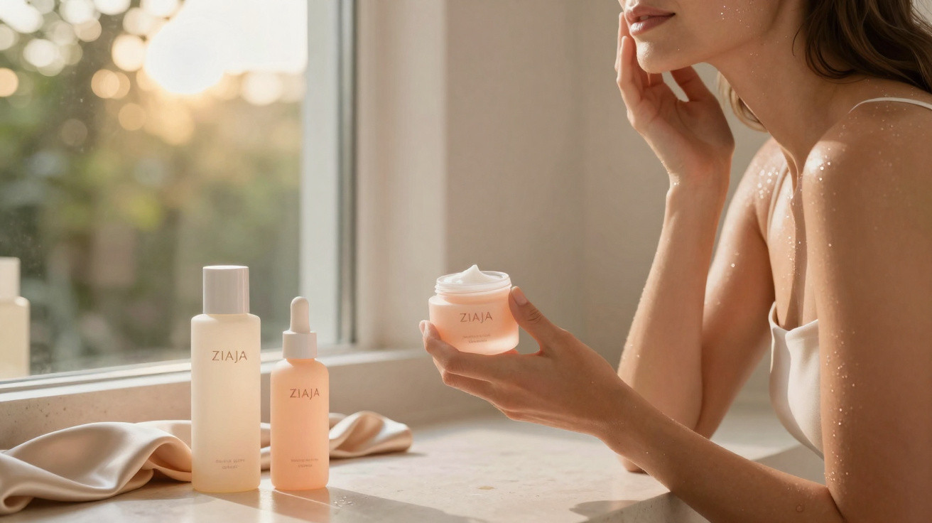 Mulher aplica creme hidratante no rosto junto a frascos de cosméticos numa janela iluminada.