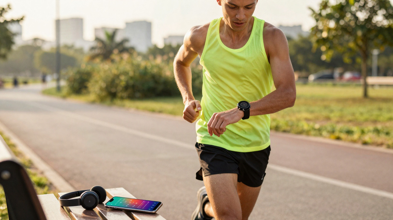 Homem a correr ao ar livre num parque junto a um rio, com telefone e auscultadores numa bancada próxima.