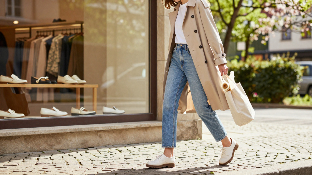 Pessoa de casaco bege e jeans azuis caminhando junto a montra de sapatos numa rua urbana ensolarada.