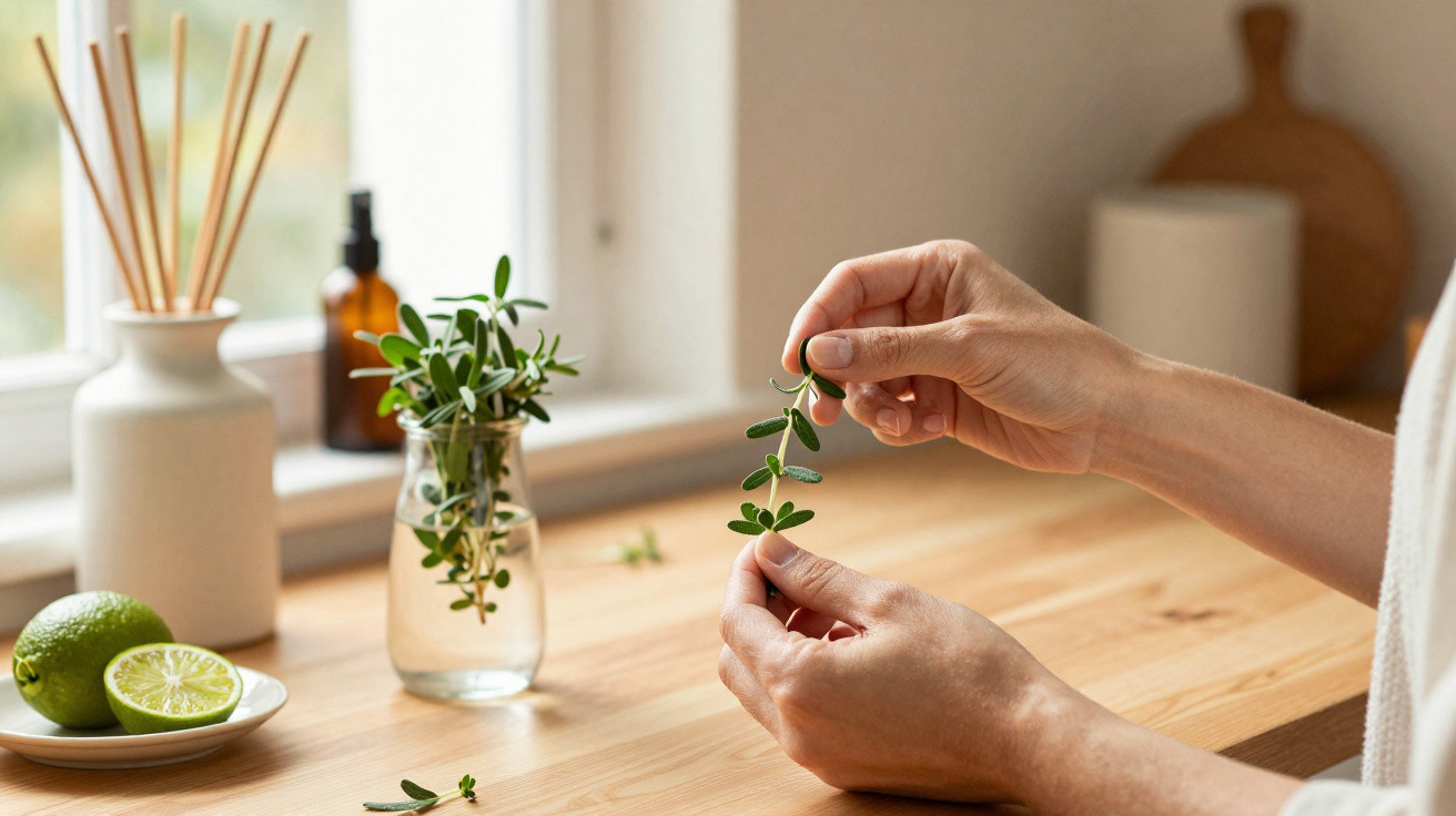 Mãos a preparar ervas frescas numa cozinha com limões cortados e jarro com água ao fundo.