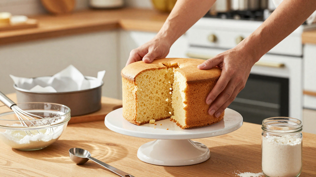 Pessoa a cortar um bolo esponjoso amarelo sobre um suporte branco na cozinha.