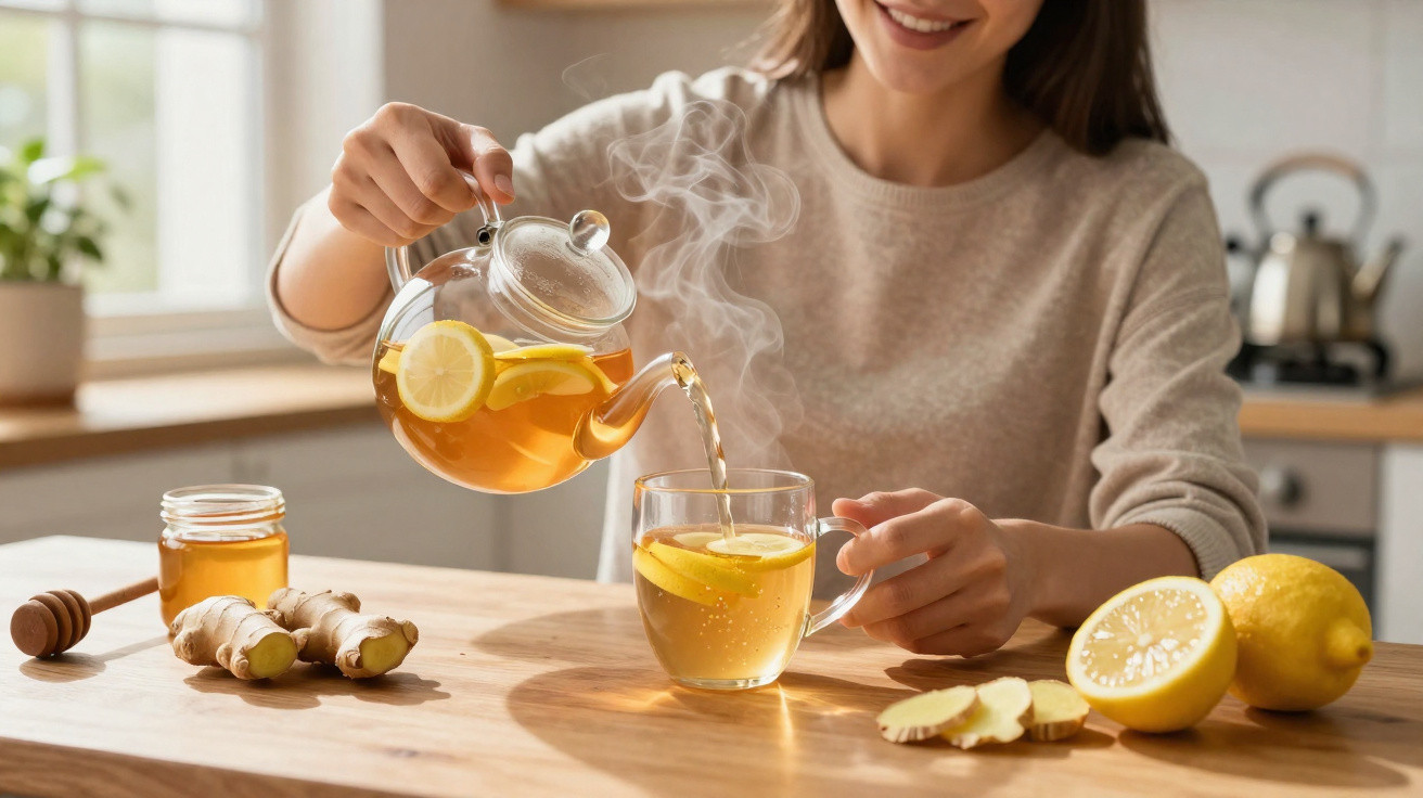 Mulher a servir chá quente de limão com gengibre e mel numa cozinha iluminada pela luz natural.