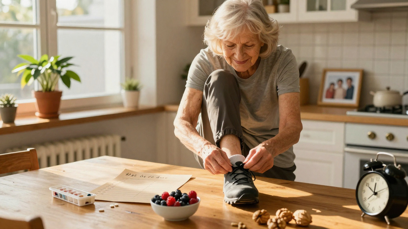 Idosa sentada na cozinha amarrando os atacadores do seu sapato desportivo castanho.