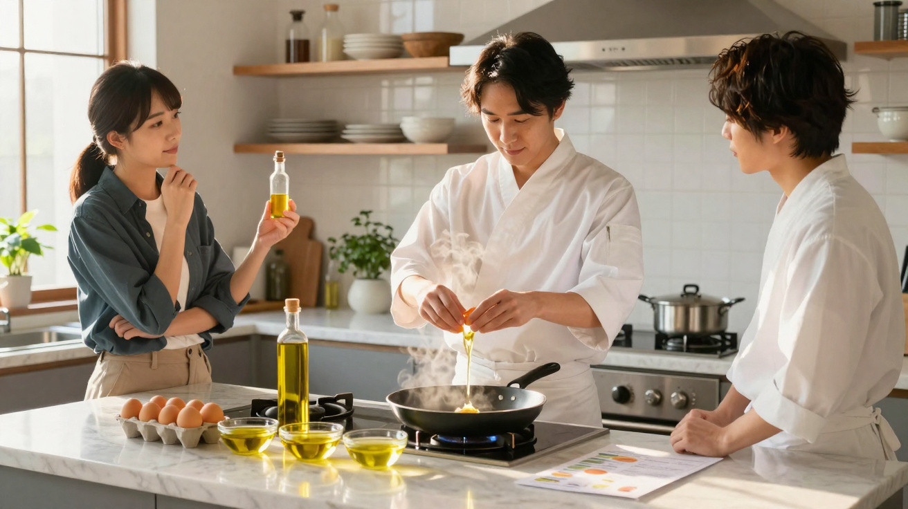 Chefe a partir ovos numa frigideira enquanto duas pessoas observam numa cozinha moderna.