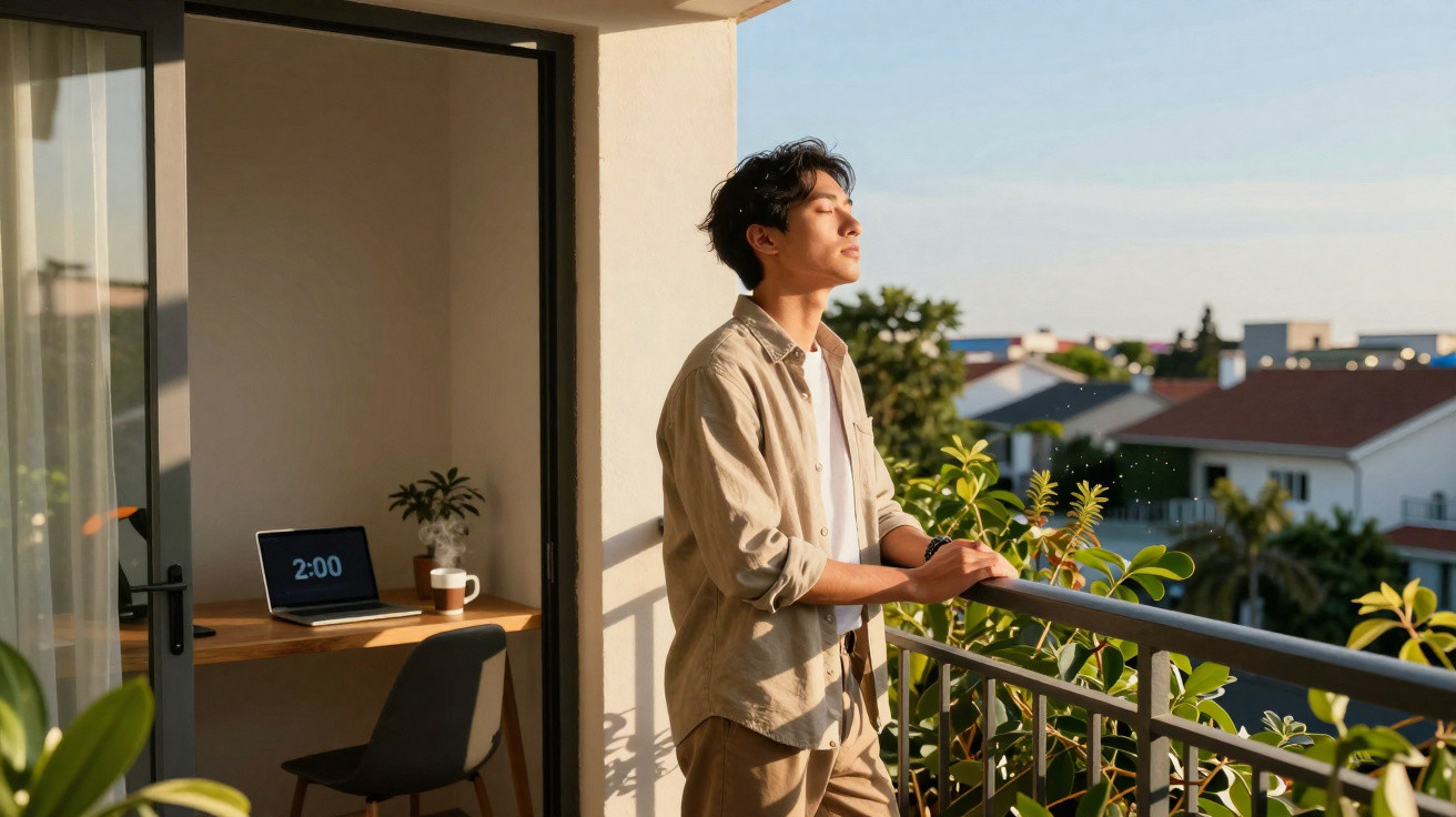 Homem de camisa branca aproveita o sol da manhã na varanda de um apartamento moderno.