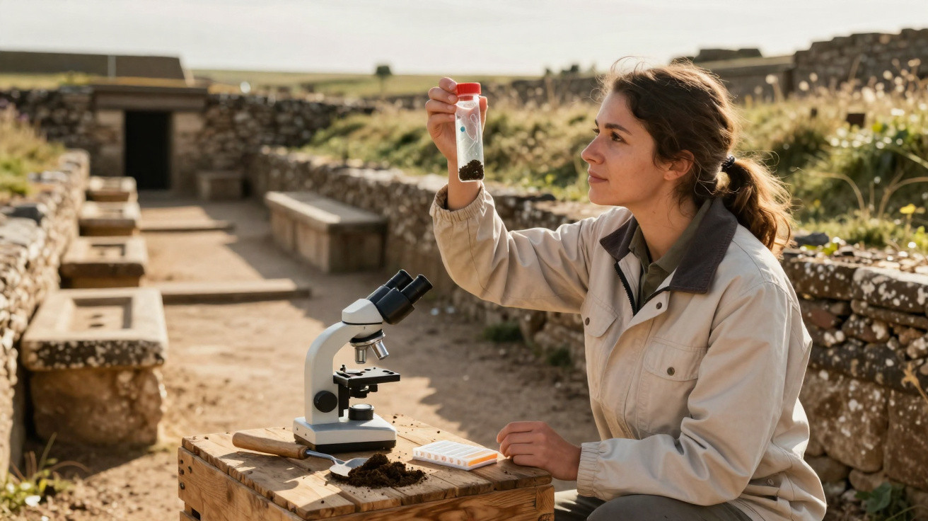 Mulher arqueóloga analisa amostra de solo em frasco, com microscópio, em escavação arqueológica ao ar livre.