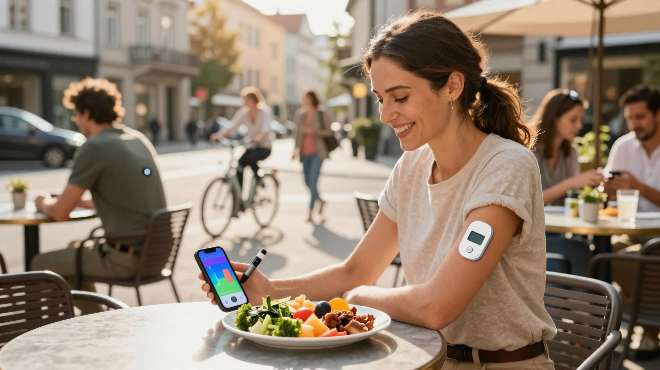 Mulher sorridente a olhar para o telemóvel enquanto está sentada numa esplanada com prato de salada e copo de água.