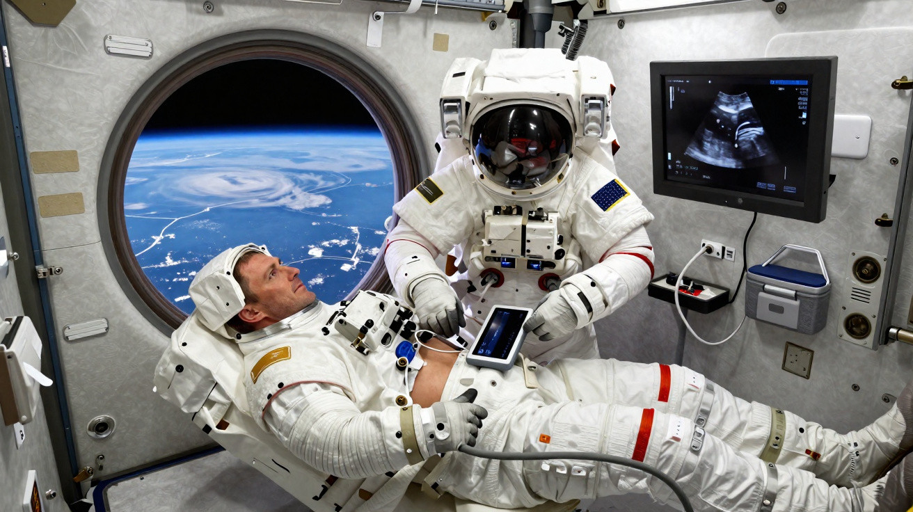 Astronauta realizando exame de ultrassom a colega dentro da Estação Espacial Internacional com vista da Terra.
