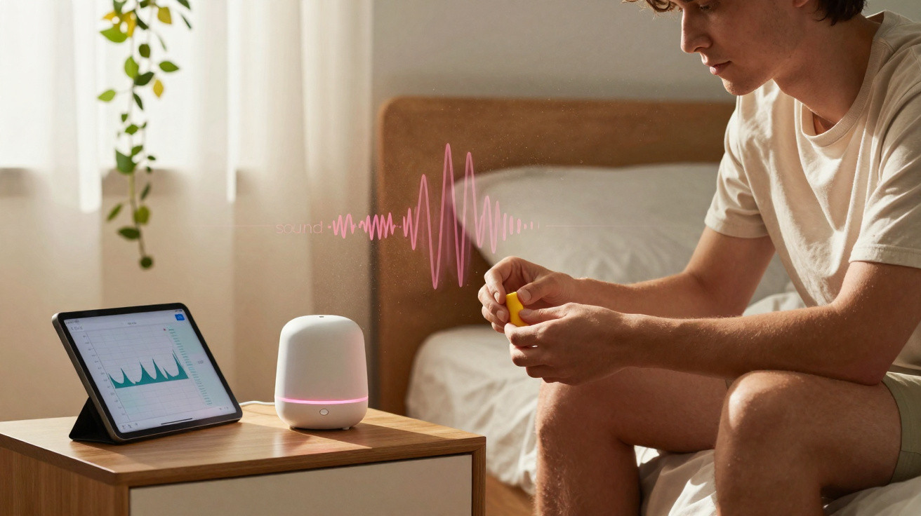 Jovem sentado na cama a colocar tampões nos ouvidos junto a assistente inteligente e tablet com gráfico.