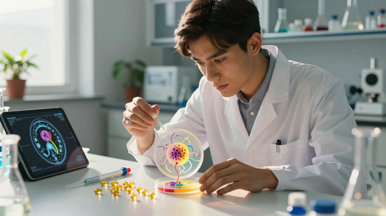 Cientista em laboratório a analisar cultura celular com imagem cerebral numa tablet ao fundo.