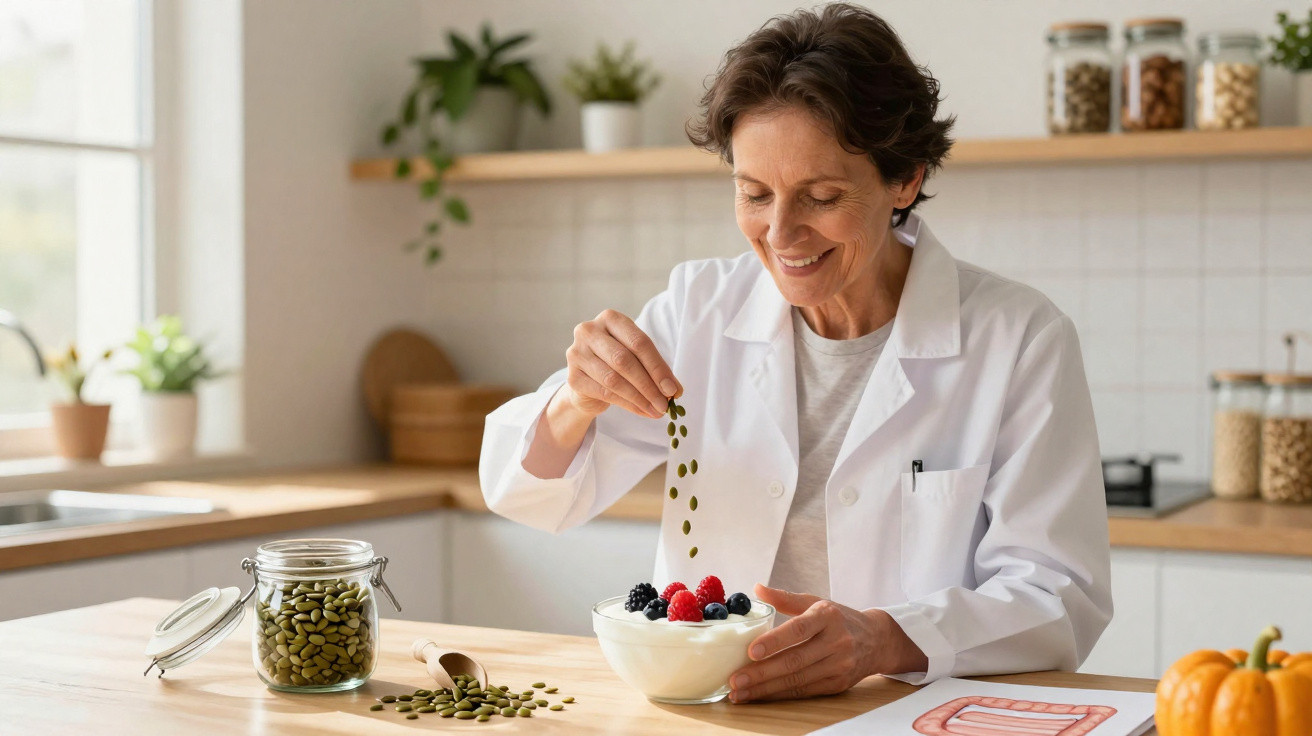 Mulher sorridente a preparar iogurte com frutos vermelhos e sementes numa cozinha luminosa.