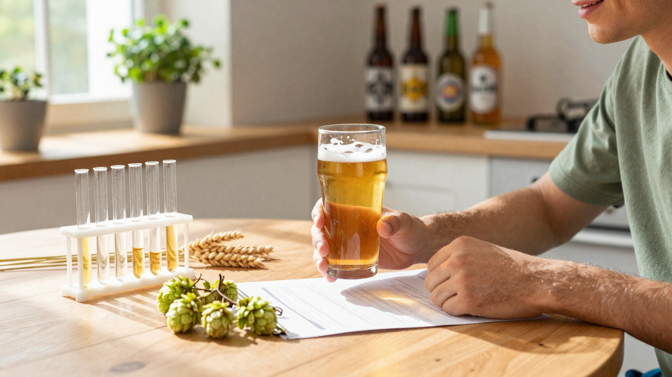 Pessoa a segurar um copo de cerveja em frente a garrafas, testes em tubos de ensaio e ingredientes numa mesa de cozinha.