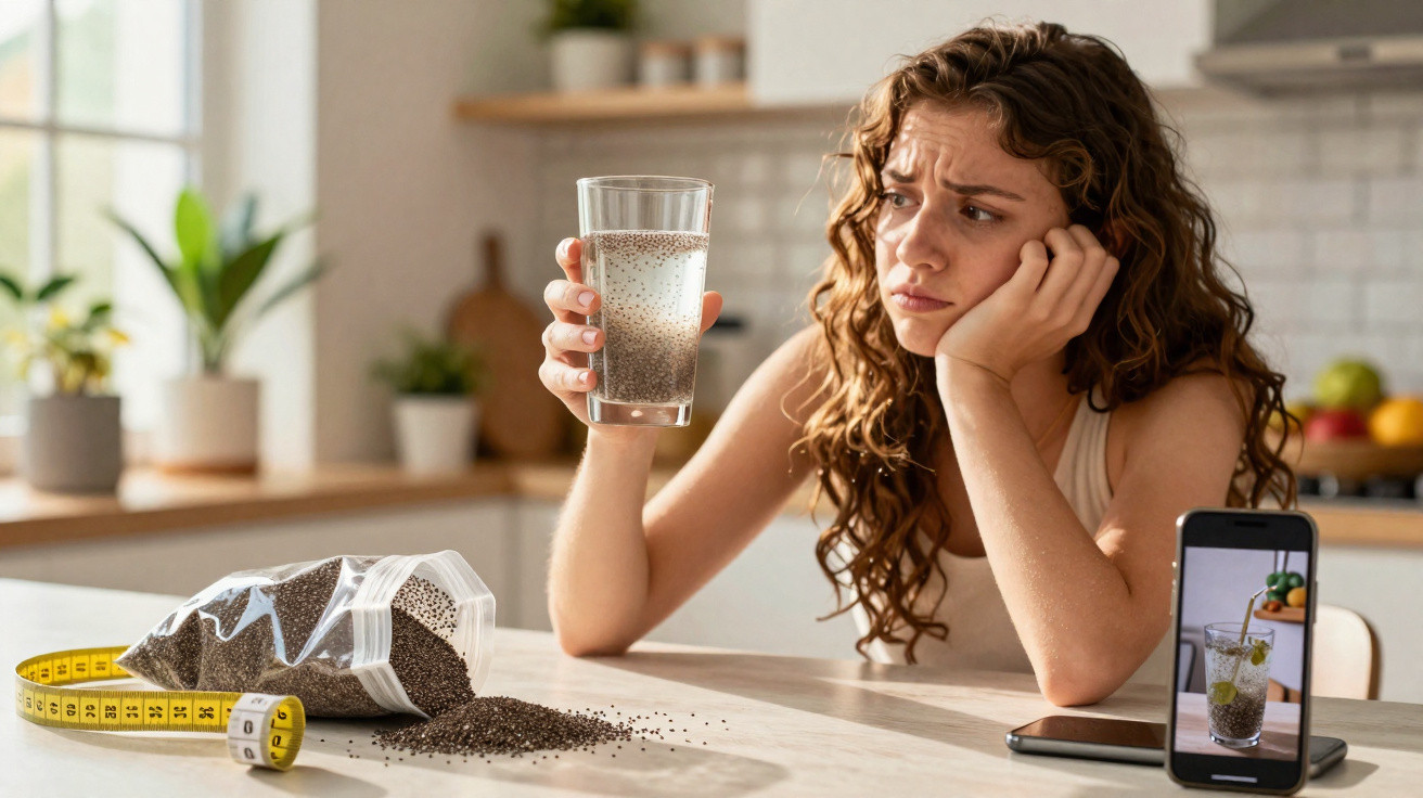 Mulher com expressão preocupada segura copo de água com sementes de chia sentada numa cozinha.