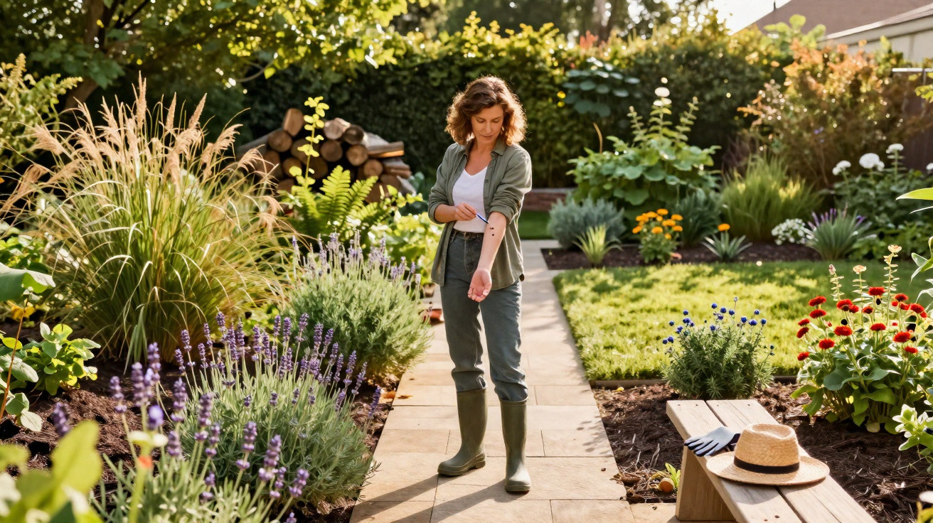 Mulher em botas de borracha cuida de plantas num jardim com flores e bancos de madeira ao sol.