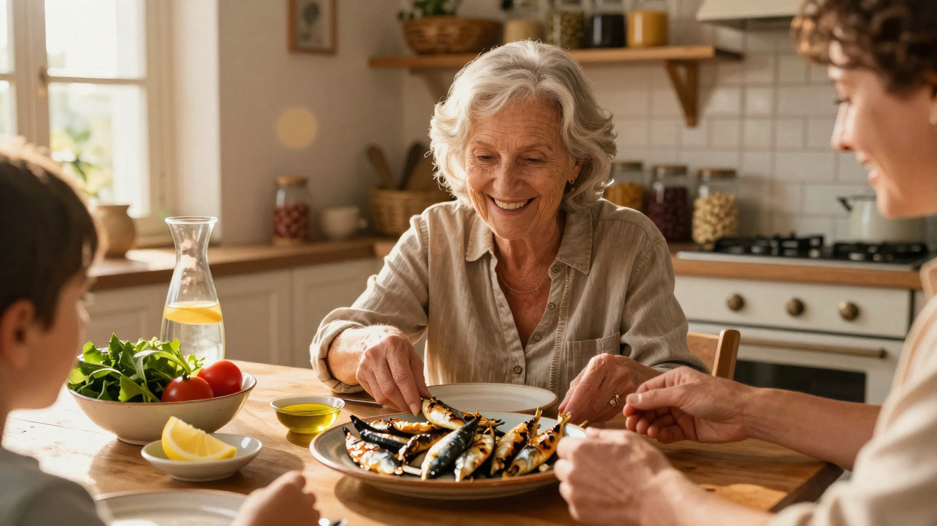 Duas mulheres a partilhar uma refeição com peixe grelhado e salada numa cozinha iluminada e acolhedora.