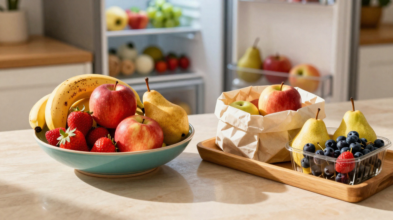 Fruteira com bananas, pêras, maçãs e morangos ao lado de tabuleiro com maçãs, frutas vermelhas e pêras na cozinha.