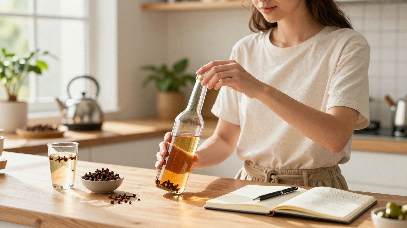 Mulher em cozinha a preparar bebida com cravinho, com caderno aberto e caneta na mesa.