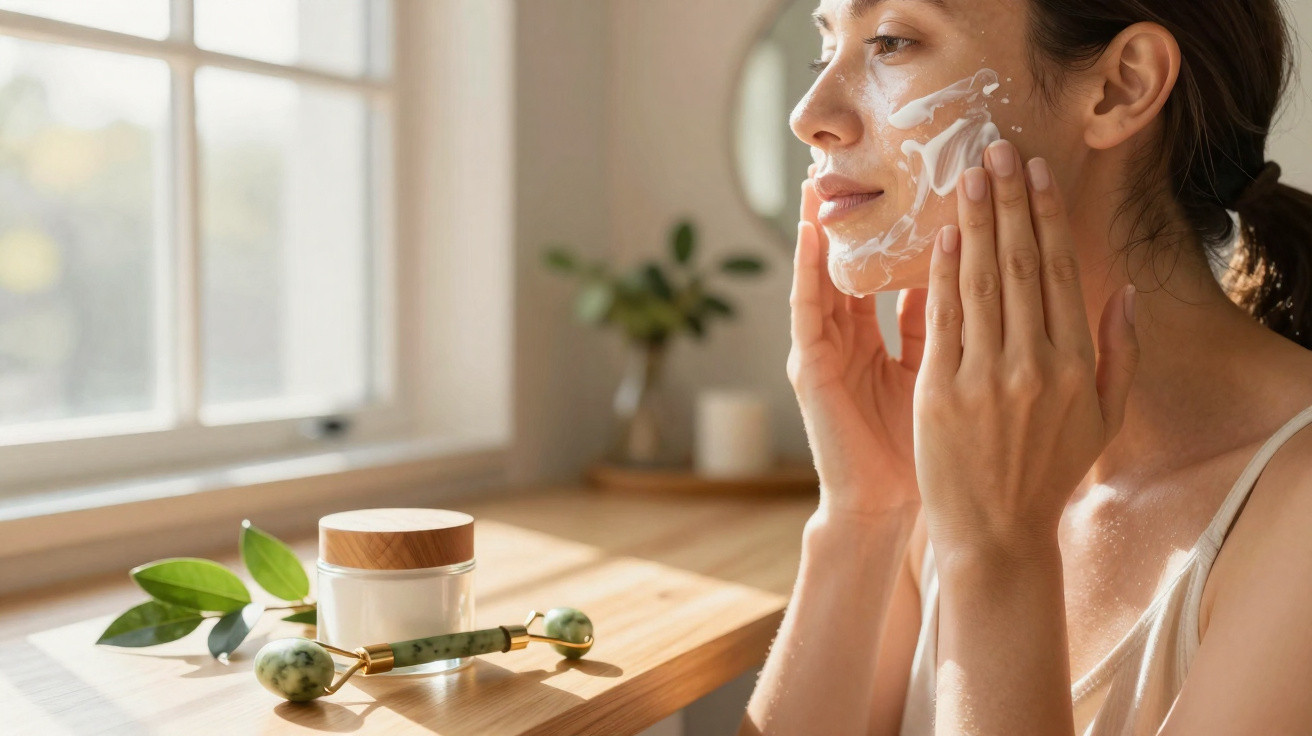 Mulher a aplicar creme facial num ambiente luminoso, com produtos de cuidados de pele numa mesa à frente.